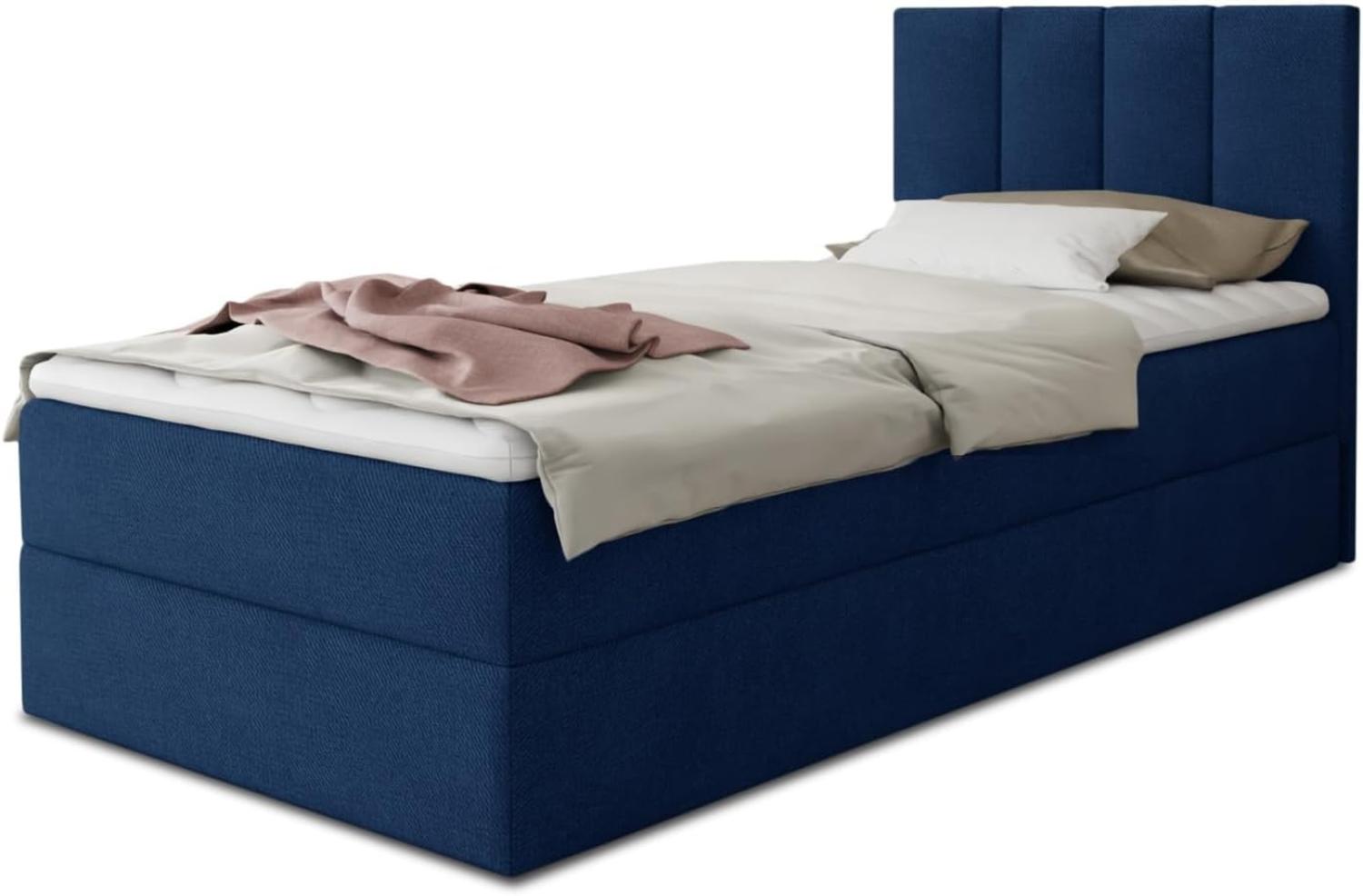 Boxspringbett Star Mini mit Bettkasten, Bonell-Matratze und Topper - Einzelbett mit Matratzentopper, Polsterbett, Bett, Schlafzimmer, Jugendzimmer (Dunkelblau (Kronos 09), 80 x 200 cm) Bild 1