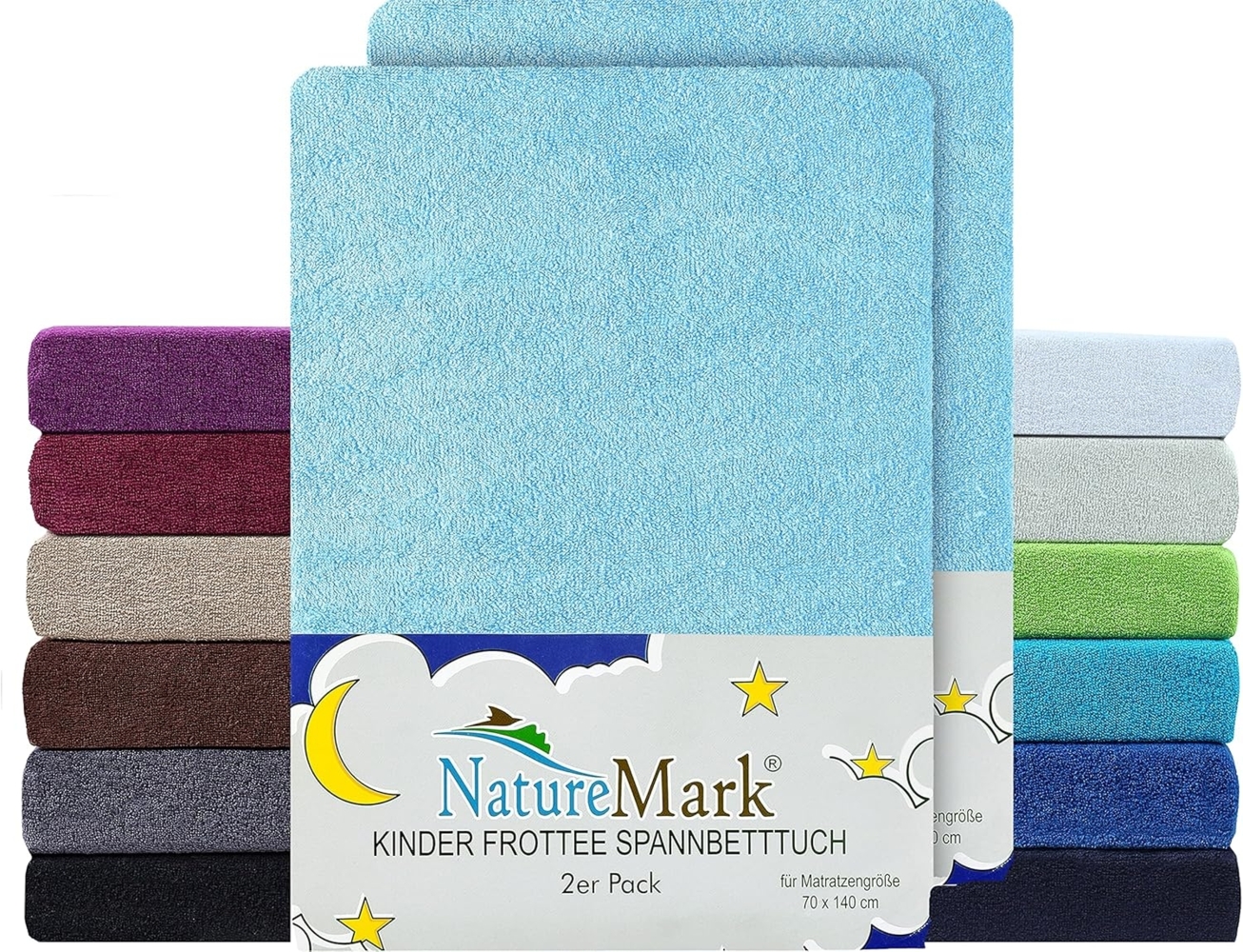 NatureMark Spannbettlaken Frottee Spannbettlaken, 80% Baumwolle / 20% Polyester, Gummizug: rundum, (2 Stück), 2er Set Kinder Spannbettlaken Frottee, Spannbetttuch 80% Baumwolle / 20% Polyester, für Babybett und Kinderbett, 70x140 cm - Hellblau Bild 1