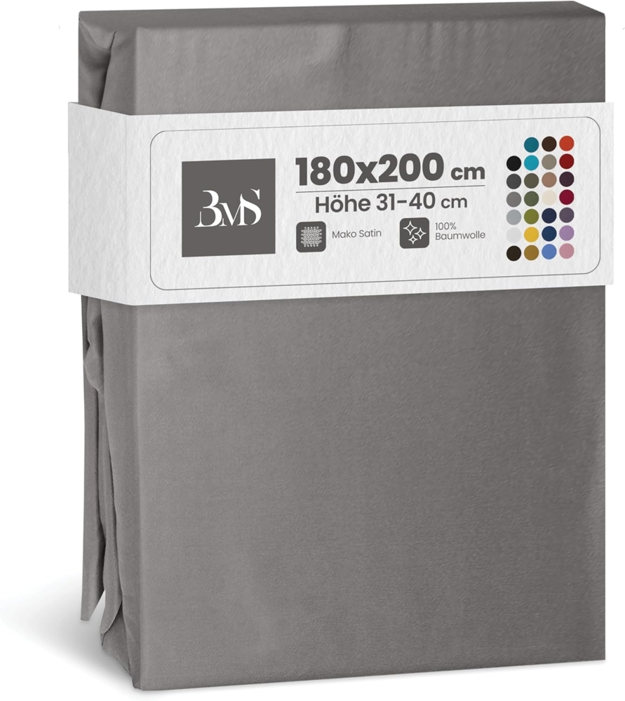 Bettwaesche-mit-Stil Mako-Satin Spannbettlaken dunkelgrau 180x200cm Höhe 31-40cm Bild 1