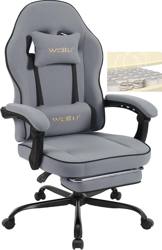 WOLTU Gaming Stuhl mit Taschenfederkissen, Gaming Sessel 150 kg Belastbarkeit, ergonomischer Drehstuhl, Gamer Stuhl mit Kopfkissen, Lendenkissen, Fußstütze, Netzstoff, Grau,GS11gr Bild 1