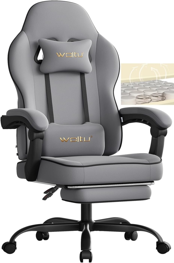WOLTU Gaming Stuhl mit Taschenfederkissen, Gaming Sessel 150 kg Belastbarkeit, ergonomischer Drehstuhl, Gamer Stuhl mit Kopfkissen, Lendenkissen, Fußstütze, Netzstoff, Grau,GS11gr Bild 1