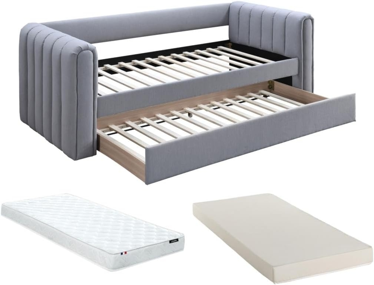 Vente-unique - Ausziehbett + Matratze - 90 x 190 cm - Stoff - Grau - SAHONA Bild 1