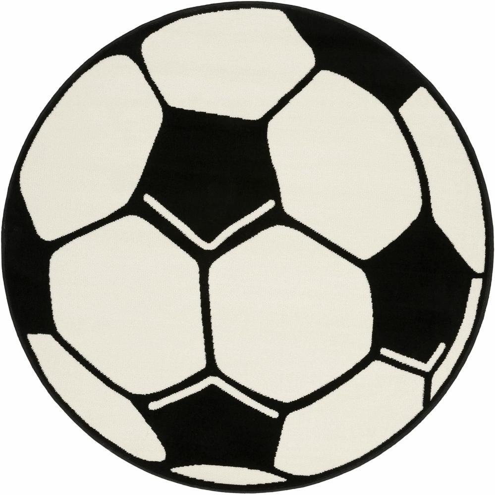 Kurzflor Kinderteppich Fußball, rund - weiß schwarz - 100x100x0,8cm Bild 1