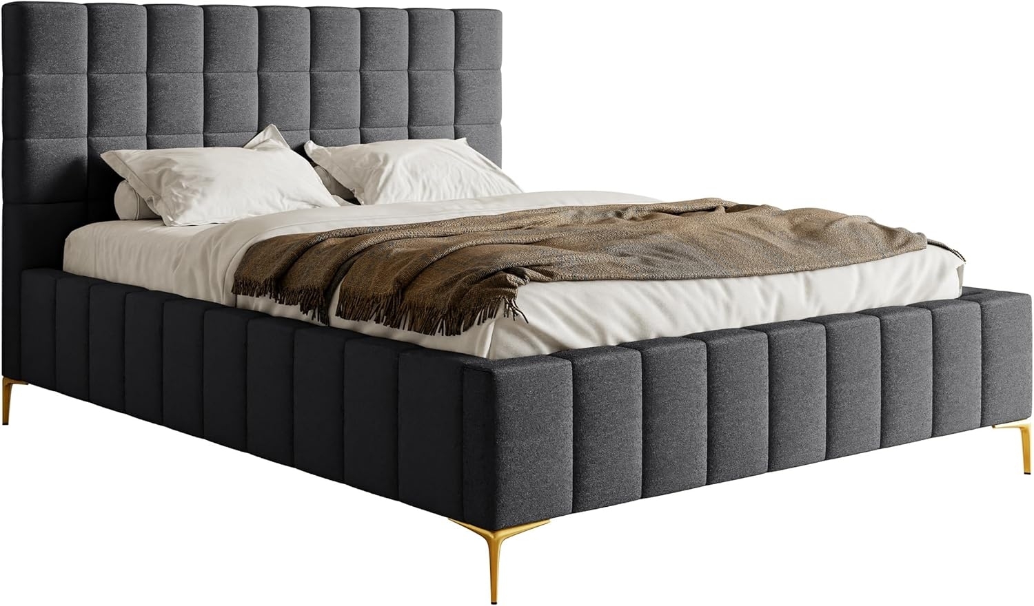 Selsey Bett Polsterbett Doppelbett 140x200 cm Mit Bettkasten Metallrahmen Goldene Beine Gasdruckfeder Schlafbett Chenille Dunkelgrau Szejlo Bild 1