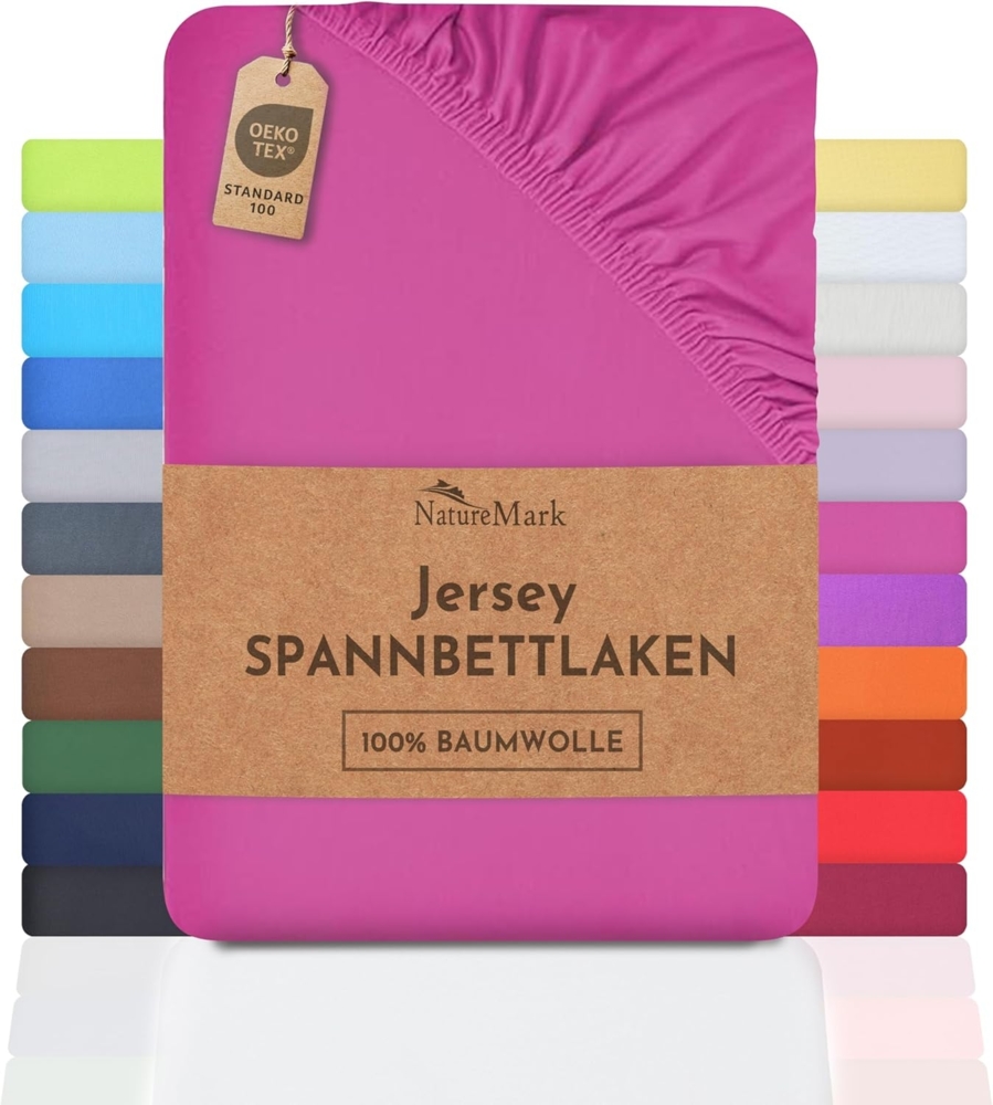 NatureMark Jersey Spannbettlaken, Spannbetttuch 100% Baumwolle in vielen Größen und Farben MARKENQUALITÄT ÖKOTEX Standard 100 | 200x220 cm +40 Steg - pink Bild 1