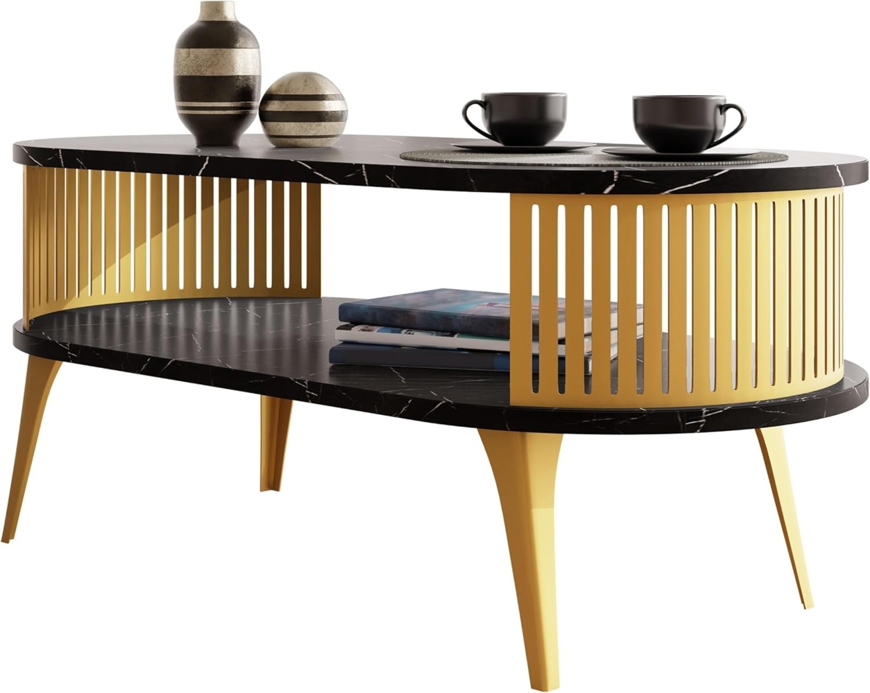 Couchtisch Rajkon Oval Gold (Farbe: Gold / Black Pietra Grigia) Bild 1