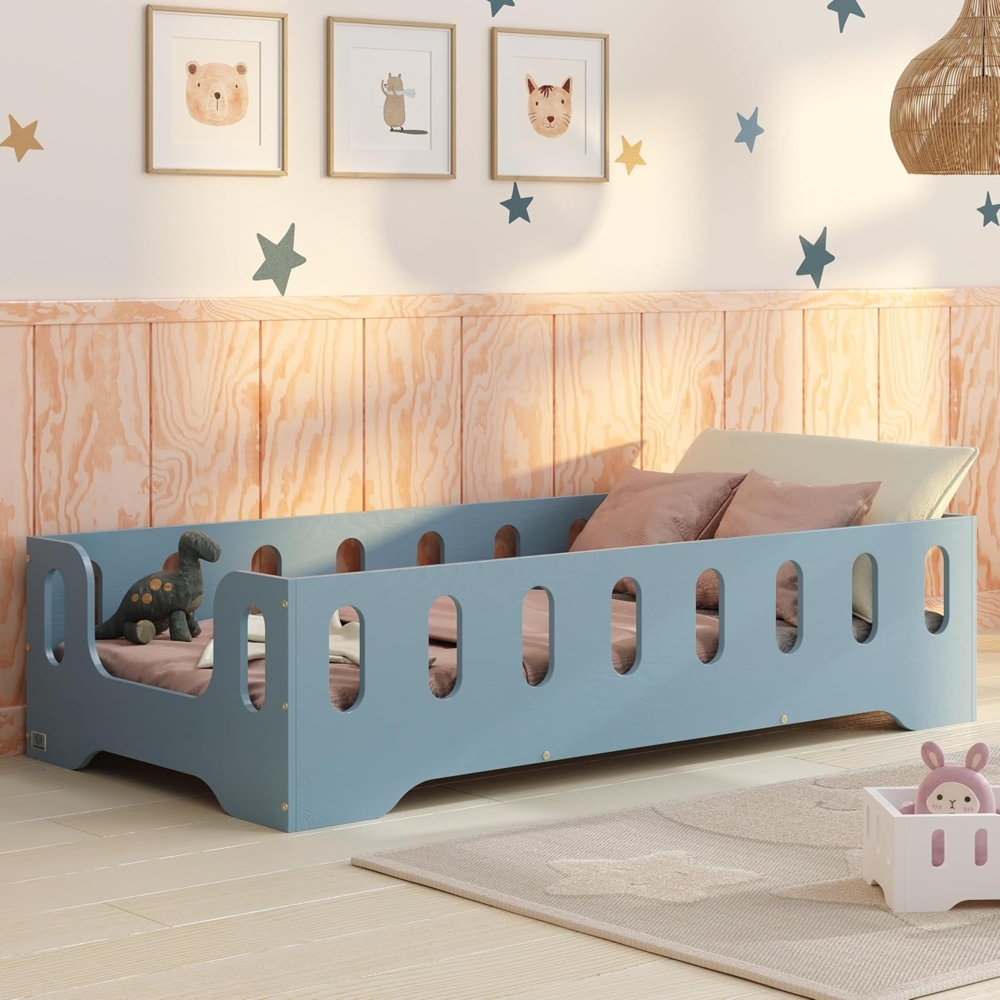 smartwood Kinderbett Bodenbett 90x190 mit Rausfallschutz & Lattenrost - Blau - Kinder Montessori Bett TILA 2B mit glatten Kanten - Betten für schnelle Montage - Bis 230 kg belastbar Bild 1