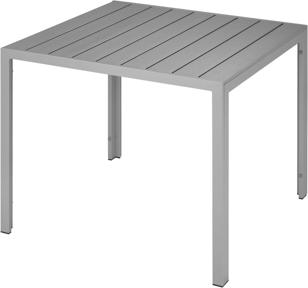 tectake® Gartentisch, Outdoor Esstisch, Balkontisch in Holz Optik, Terrassentisch mit Aluminiumrahmen, Gartenmöbel wetterfest, 90x90x74,5cm, Tisch für Garten, Lounge, Sitzgruppe - Silber Bild 1