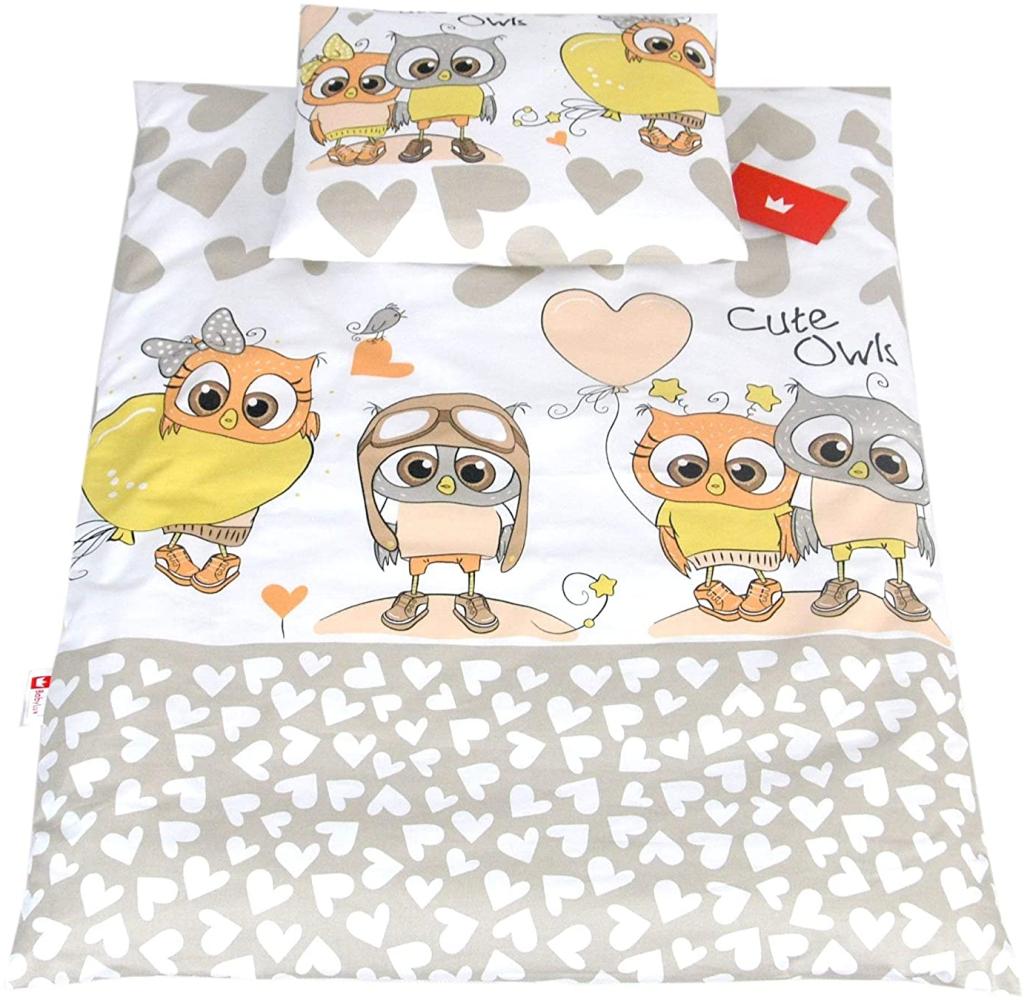 BABYLUX 2 tlg. Set Bezug für Kinderwagen Stubenwagen oder Wiege Garnitur Bettwäsche Kissen Decke 60 x 78 cm (105. Eule Beige) Bild 1