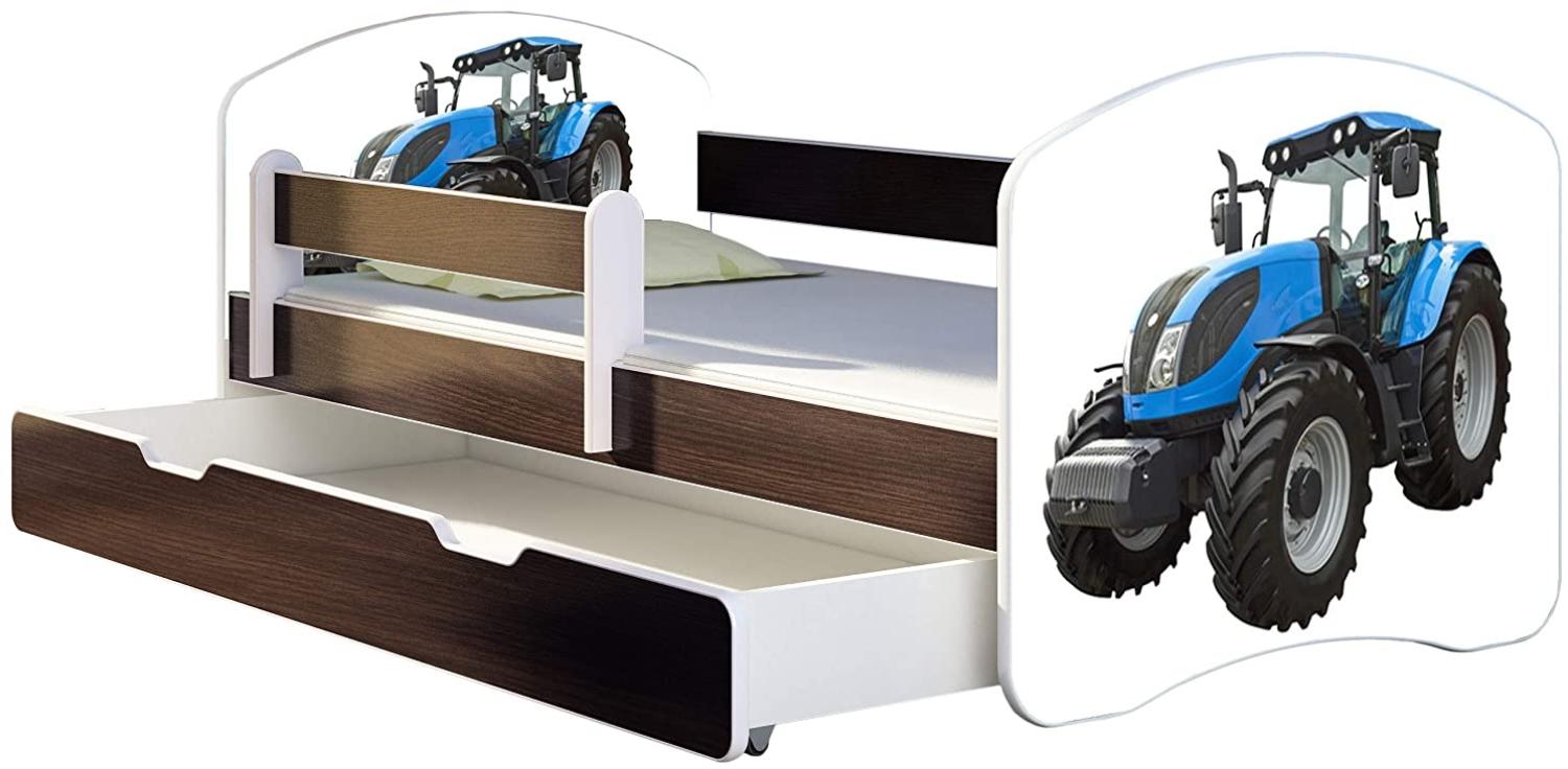 ACMA Kinderbett Jugendbett mit Einer Schublade und Matratze Wenge mit Rausfallschutz Lattenrost II 140x70 160x80 180x80 (42 Traktor, 160x80 + Bettkasten) Bild 1