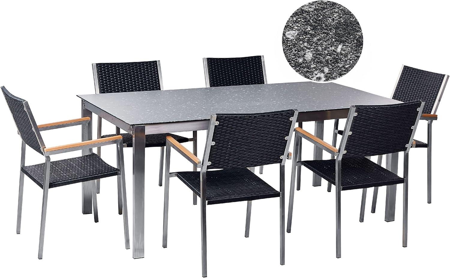 Gartentisch Set COSOLETO GROSSETO Sicherheitsglas Granit Optik 180x90x75 cm Schwarz Bild 1