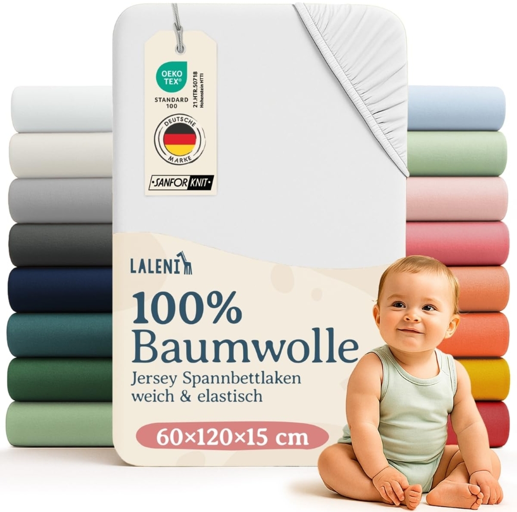 Laleni Jersey Spannbettlaken Babybett Kinderbett 60x120 cm - Oeko-Tex Zertifiziert, 100% Baumwolle, atmungsaktives Spannbetttuch Baby, 135 g/m², weiß Bild 1