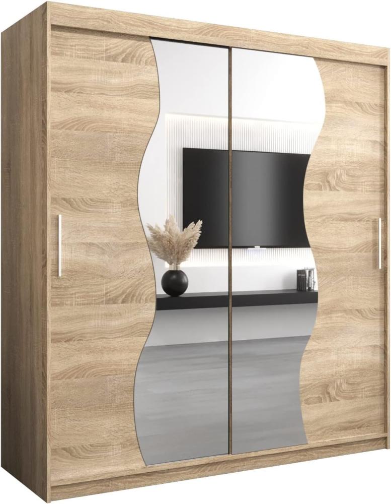 Schwebetürenschrank Madryt 180 cm mit Spiegel Kleiderschrank mit Kleiderstange und Einlegeboden Schlafzimmer- Wohnzimmerschrank Schiebetüren Modern Design (Sonoma) Bild 1