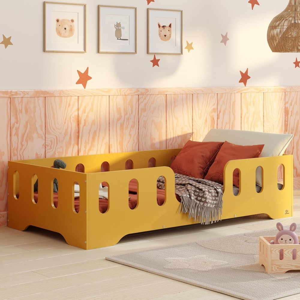 smartwood Kinderbett Bodenbett 80x190 mit Rausfallschutz & Lattenrost - Senfgelb - Kinder Montessori Bett TILA 2 mit glatten Kanten - Betten für schnelle Montage - Bis 230 kg belastbar Bild 1