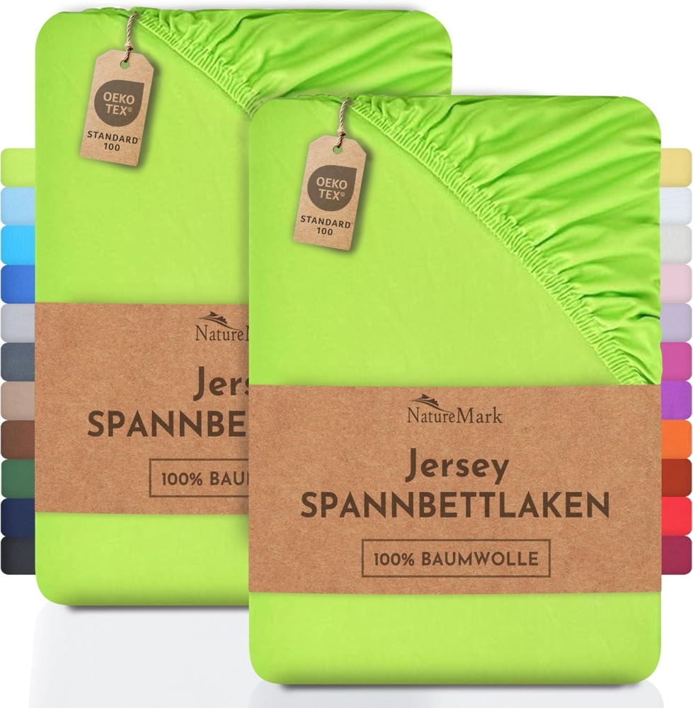 NatureMark 2er Pack Jersey Spannbettlaken, Spannbetttuch 100% Baumwolle in vielen Größen und Farben MARKENQUALITÄT ÖKOTEX Standard 100 | 120x200 cm - Apfel grün Bild 1