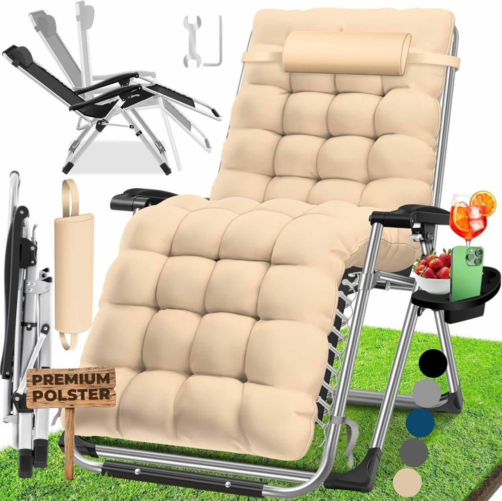 KESSER® Sonnenliege Liegestuhl Klappbar & Wetterfest, Gartenstuhl Belastbar 200kg Ergonomisches Polster Extra Breit Verstellbare Rückenlehne Gartenliege inkl. Nackenkissen & Getränkehalter, Beige Bild 1
