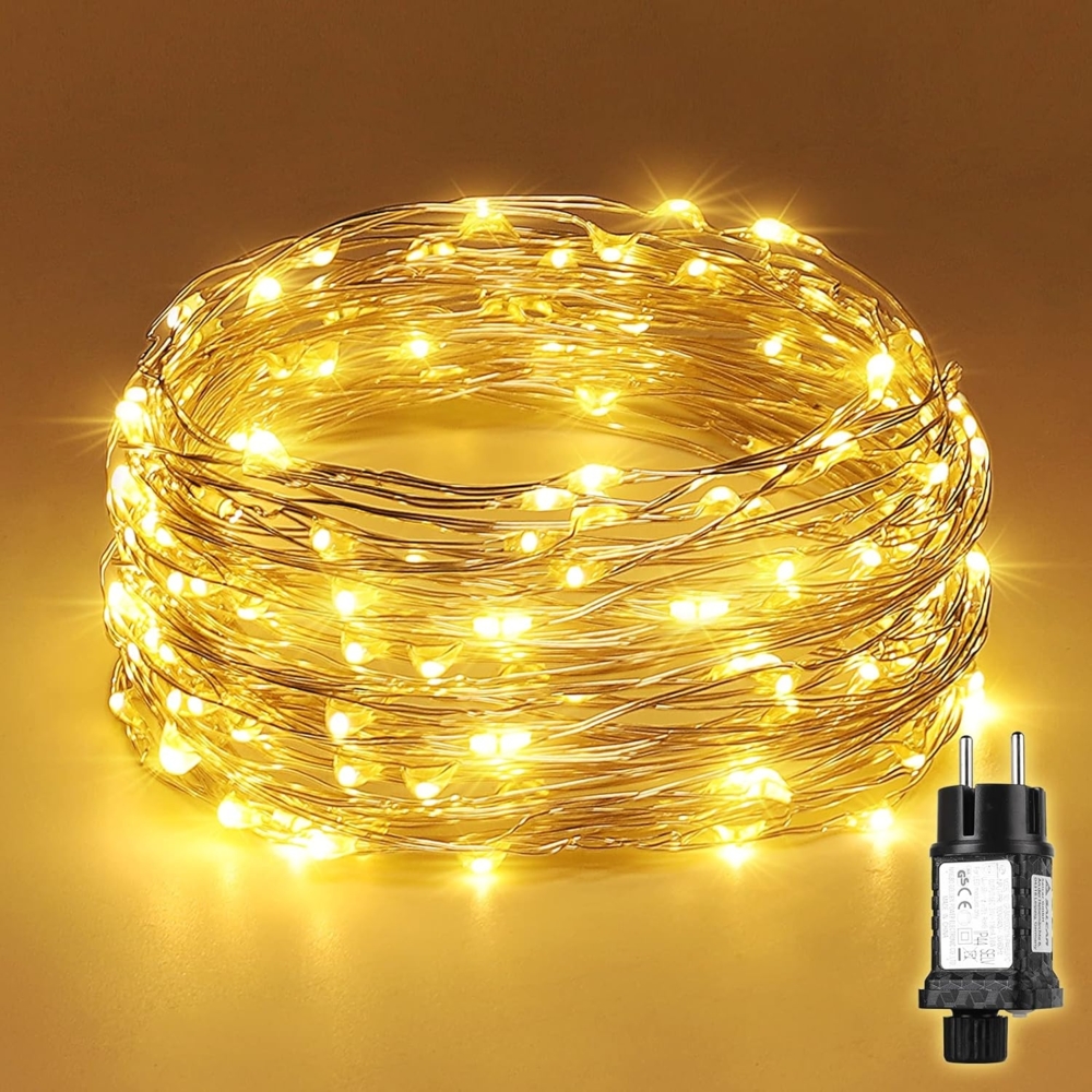 Salcar Lichterkette LED Kupfer Lichterkette Weihnachtsbeleuchtung für Innen & Außen Deko, 20m Silberfarbener-Kupferdraht, Netzteil, Warmweiß Bild 1