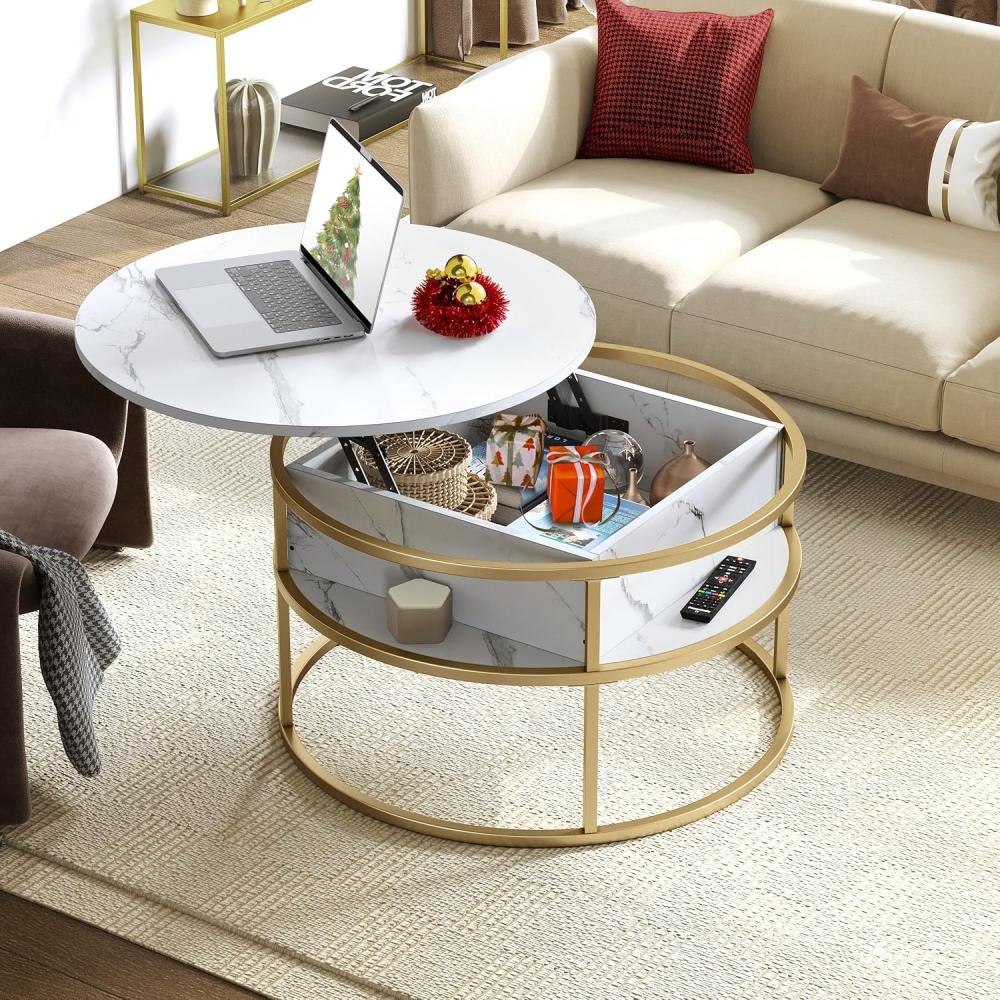 YITAHOME Runder Couchtisch mit Hebetischplatte, mit verstecktem Ablagefach, weißer moderner Couchtisch mit Stauraum für Home Office, Weiß und Gold Bild 1