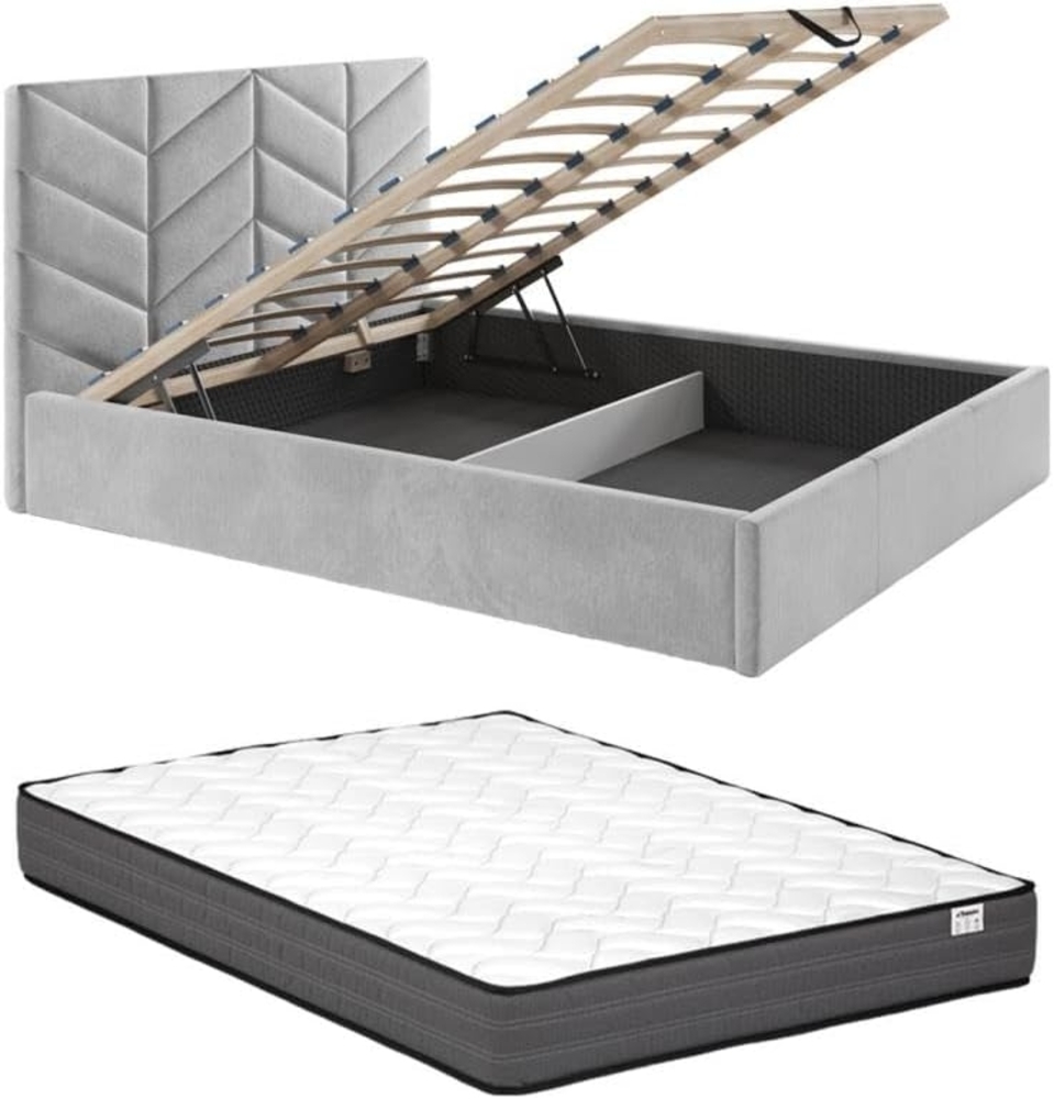 Vente-unique - Bett mit Bettkasten + Matratze - 160 x 200 cm - Strukturstoff - Grau - JUSTANI Bild 1