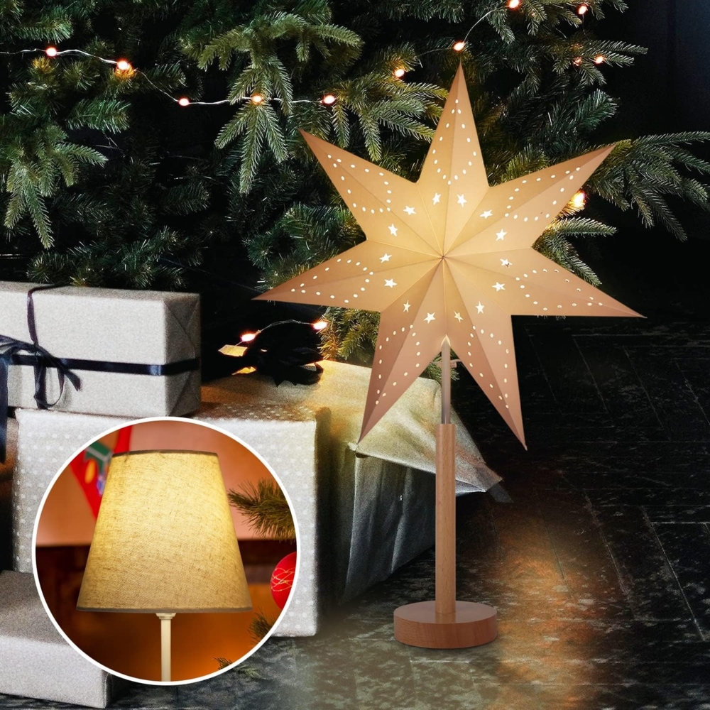 SALCAR LED Tischlampe mit Weihnachtsstern, 3D Adventsstern beleuchtet aus Papier mit Holz-Sockel / E14 Lampe, Weihnachtsdeko Tisch mit Wechselschirm, 45cm Papierstern Weiß und Lampenschirm Warm Bild 1