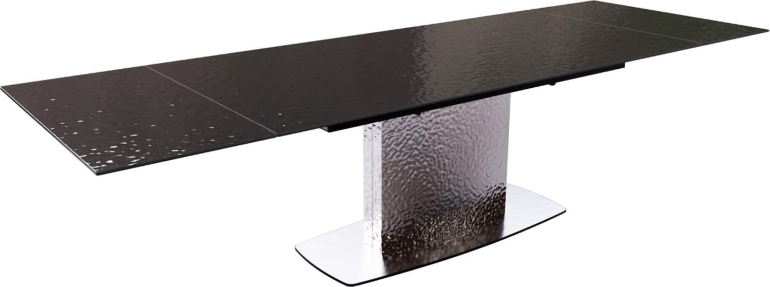 Esstisch Edge 200-300x100 Reliefglas Rauchschwarz 3D-Design Wave Edelstahl ausziehbar Bild 1