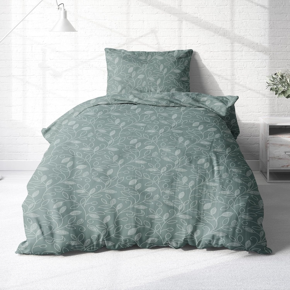 Träumschön Bettwäsche Biber 135x200 oder 155x220 cm - Blumen-Ranke mint oder blau, Biber, 2 teilig, mit Reißverschluss, 100% Baumwolle, kuschelig warm im Winter Bild 1