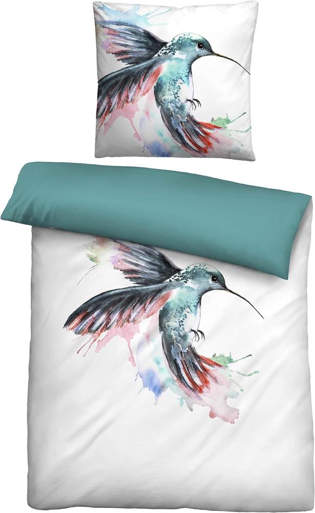 Biberna Linon Bettwäsche Kolibri Größe 135x200/80x80 cm aqua Bild 1