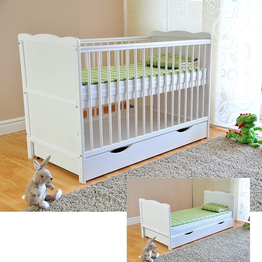 BABY Gitterbett mit Schublade mit Deckel Babybett Kinderbett mit Aloe Vera Schaumstoffmatratze Zahnschienen höhenverstellbar Weiß umbaubar zum Juniorbett Bild 1