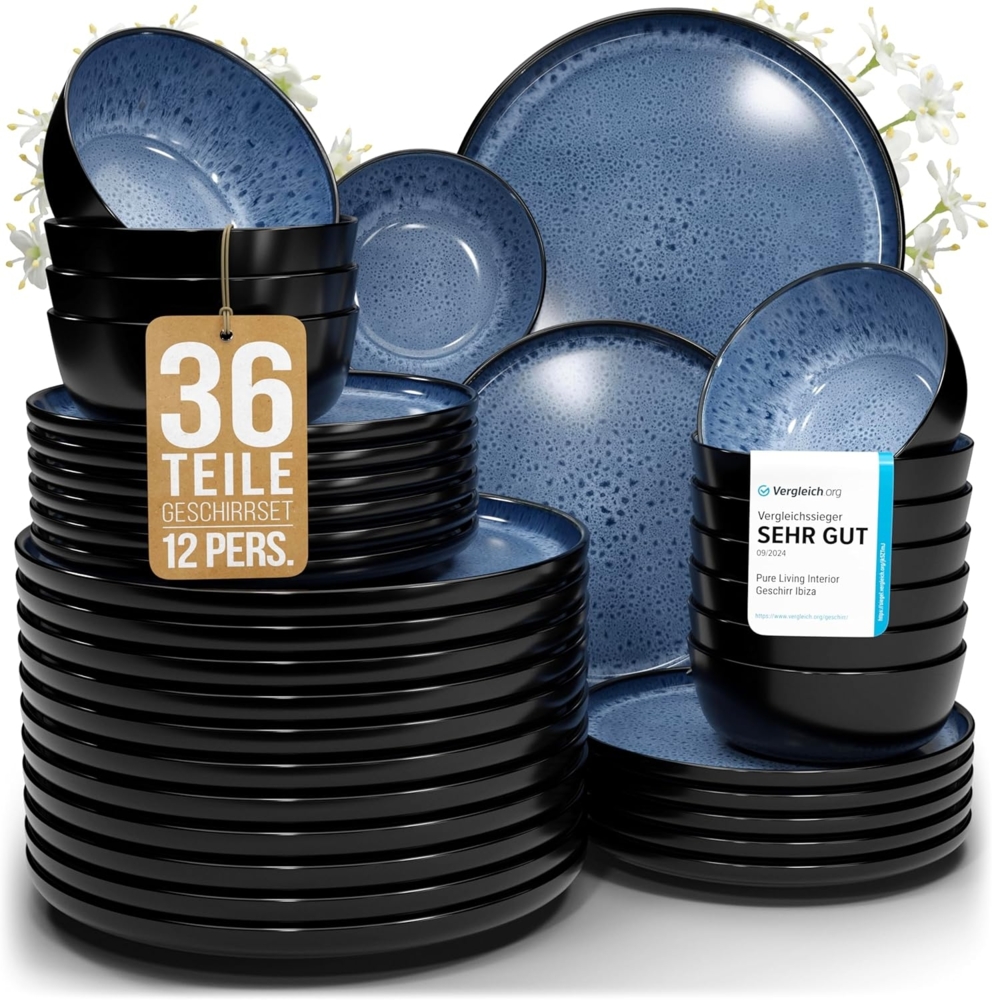 Steingut Geschirrset 12 Pers. Ibiza 36-tlg Hochwertiges Mediterranes TEST SEHR GUT Steingut Geschirr Set - Schüssel- und Teller Set - Tafelservice 12 Personen Geschirrsets Pure Living in Tiefblau Bild 1