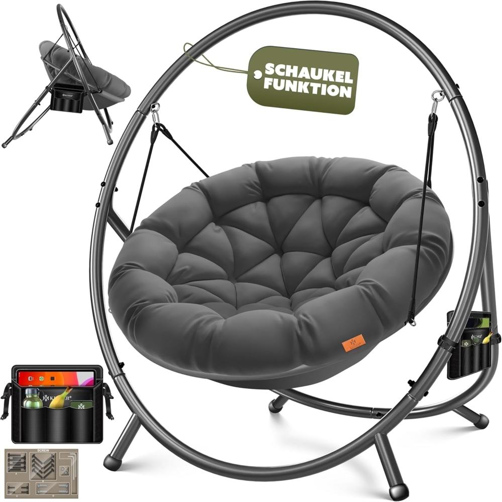 KESSER® Hängesessel mit Gestell BALI Hängeschaukel Hängestuhl bis 150kg für Indoor und Outdoor + Kissen & Seitentasche Hängekorb Stahlgestell & Schaumstoff Sitzpolster ideal für Wohnzimmer & Garten Anthrazit Bild 1