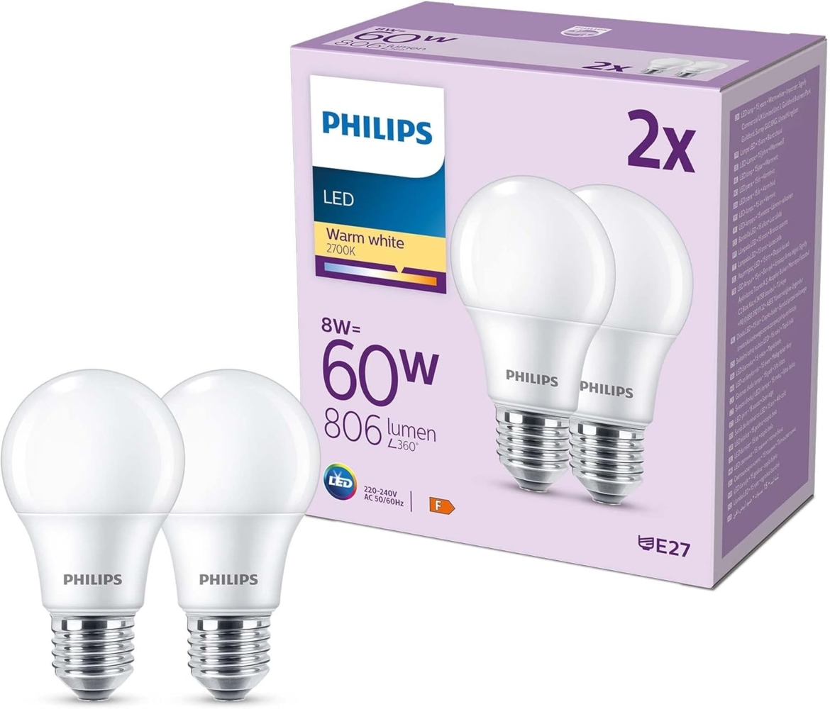 Philips LED classic Lampe 60W E27 Warmw 806lm Plaste weiß 2erP Bild 1