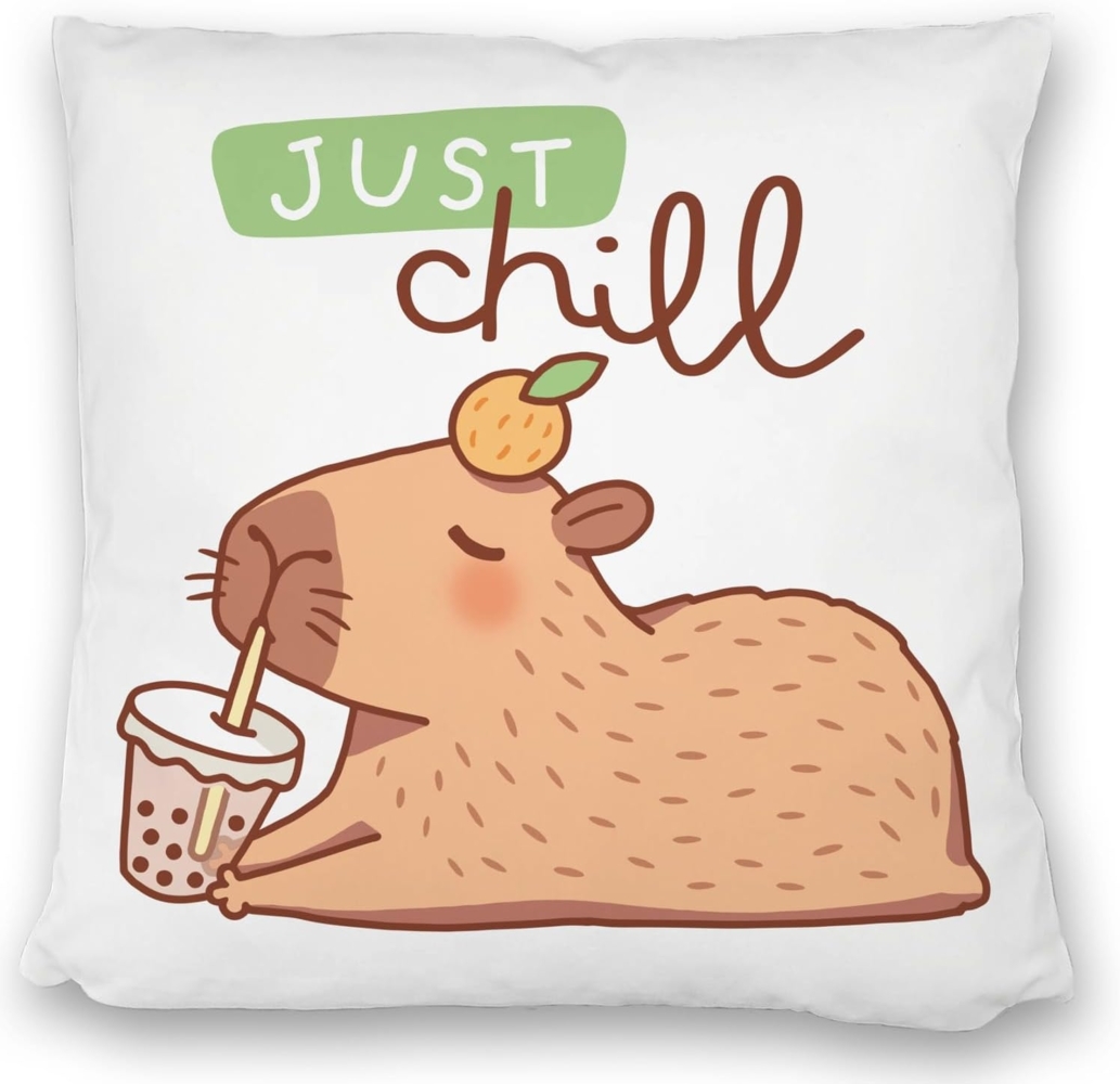 speecheese Dekokissen Capybara mit Bubble Tea Kissen satiniert mit Spruch Just Chill Bild 1