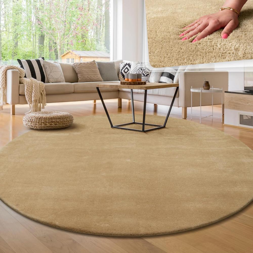 Paco Home Waschbarer Teppich Wohnzimmer Schlafzimmer Kurzflor rutschfest Flauschig Weich Moderne Einfarbige Muster, Grösse:120 cm Rund, Farbe:Beige Bild 1