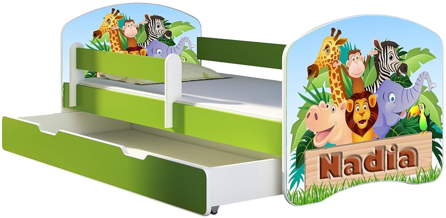 ACMA Kinderbett Jugendbett mit Einer Schublade und Matratze Grün mit Rausfallschutz Lattenrost II 140x70 160x80 180x80 (02 Animals name, 160x80 + Bettkasten) Bild 1