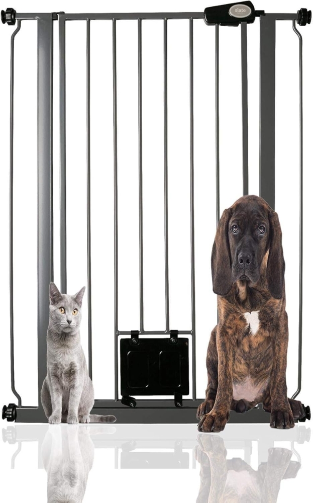 Bettacare Haustiergitter mit Verriegelbarer Katzenklappe, 75cm - 84cm, Schiefergrau, 104cm in der Höhe, Extra Hohes Haustier Sicherheitsgitter mit Katzenklappe, Einfache Installation Bild 1