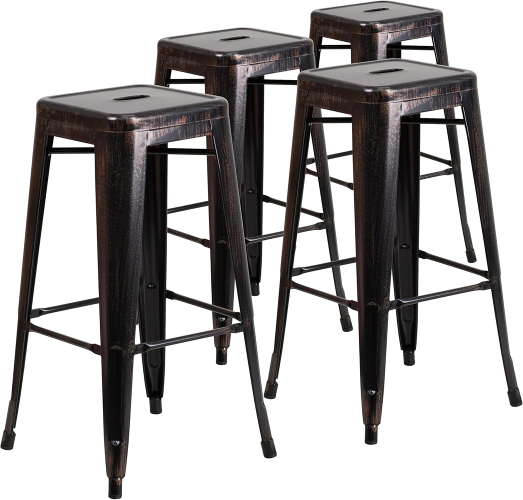 Flash Furniture Lily Barhocker, kommerzielle Qualität, 76,2 cm hoch, rückenfrei, schwarz-antik-Gold, Metall, für drinnen und draußen, mit quadratischem Sitz, 4 Stück Bild 1