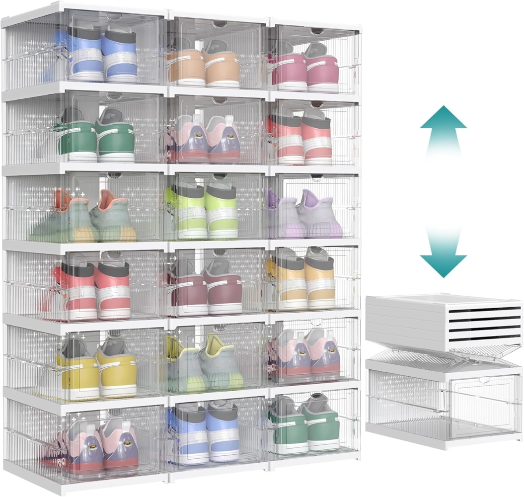 Songmics Schuhschrank 3er Set, mit 18 Schuhboxen, integrierter Schuh-Organizer, faltbar, tragbar, für Schuhe bis Größe 46, 1-Min-Montage, transparent-wolkenweiß LSPDE207W01 Bild 1