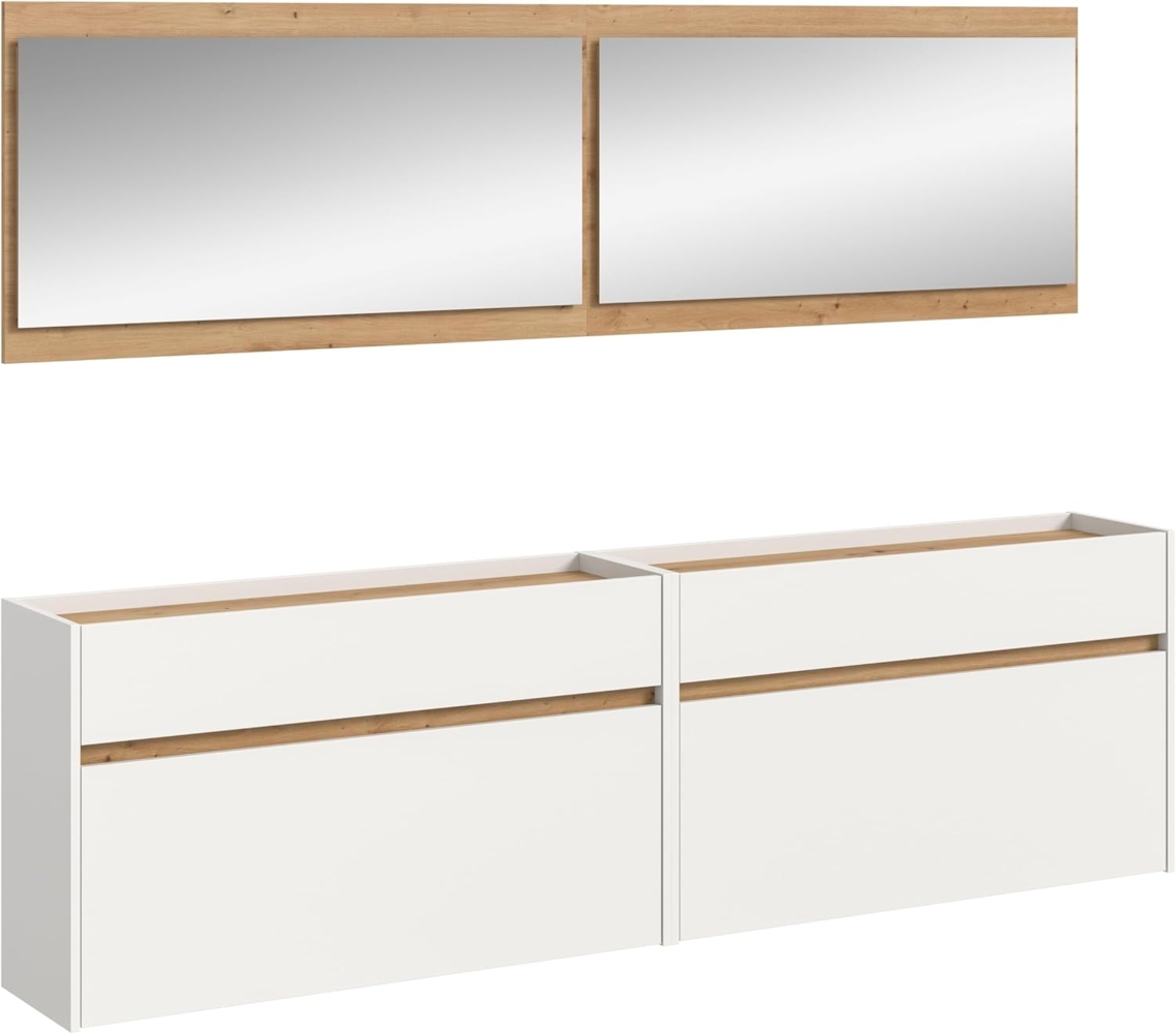 xonox. home – 4 teilige Garderobenkombination Drive 220 x 192 x 32 cm in Weiß und Artisan Oak Nachbildung – Set mit Spiegel, Regal & Schuhkommode – Moderne Garderobe für Diele & Eingangsbereich Bild 1