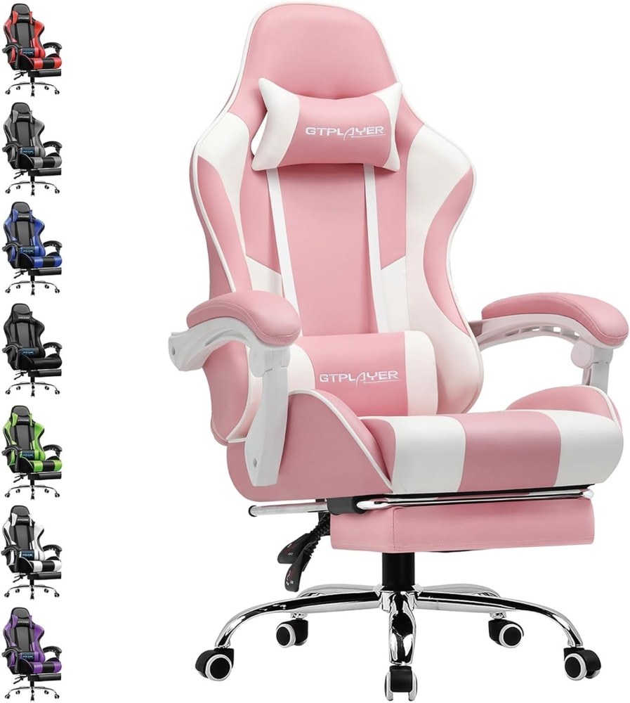 GTPLAYER Gaming Stuhl Bürostuhl Massage Gaming Sessel Ergonomischer Gamer Stuhl mit Fußstütze, Kopfstütze Massage-Lendenkissen, Gepolstert Gaming Chair, Drehsessel, rosa Bild 1