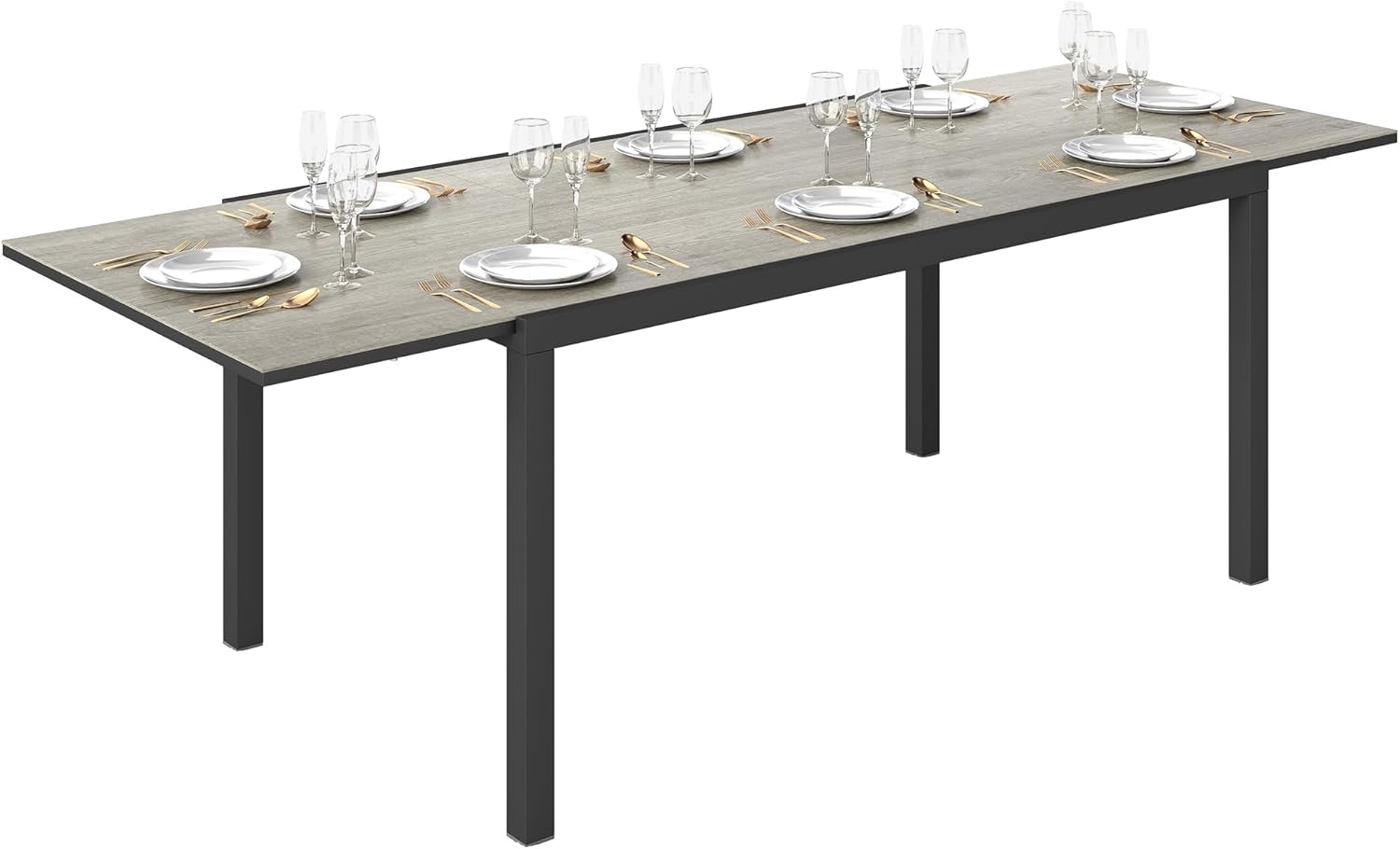 Outsunny Gartentisch für 6-8 Personen, mit Holzoptik, wetterfest (Balkontisch aus Aluminium, 1-St, ausziehbarer Esstisch), 160,240 x 90cm, für Garten, Terrasse, Balkon, Grau Bild 1