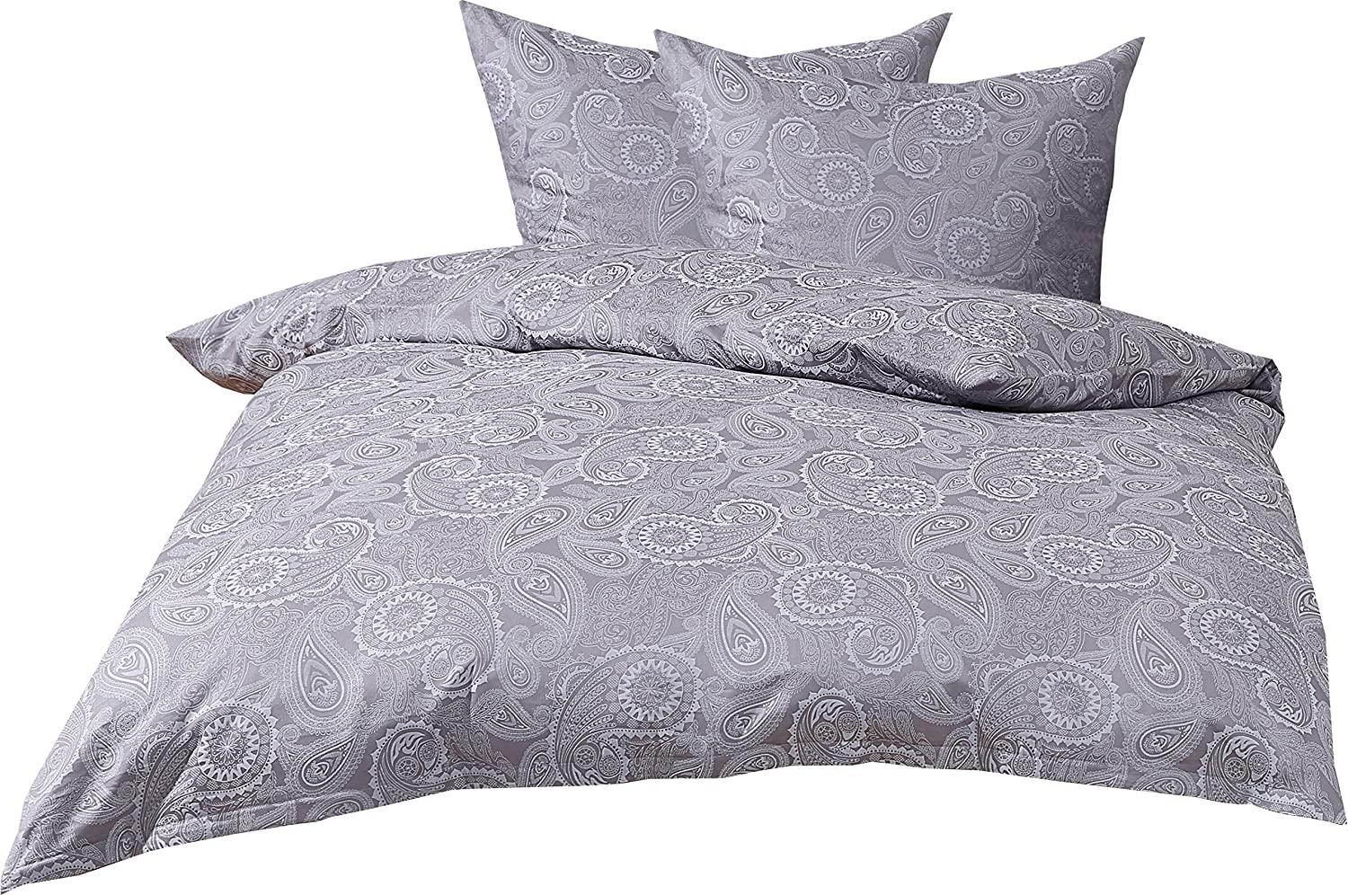 Bettwaesche-mit-Stil Mako-Satin Damast Paisley Bettwäsche "Davos" weiß-grau Garnitur 200x200 + 2x 80x80 Bild 1