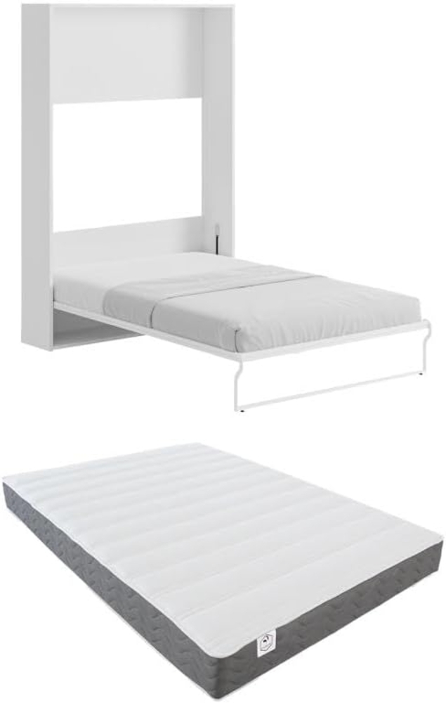 Vente-unique - Schrankbett + Matratze - 140 x 200 cm - Manuelle vertikale Öffnung - Weiß - MALINA II Bild 1
