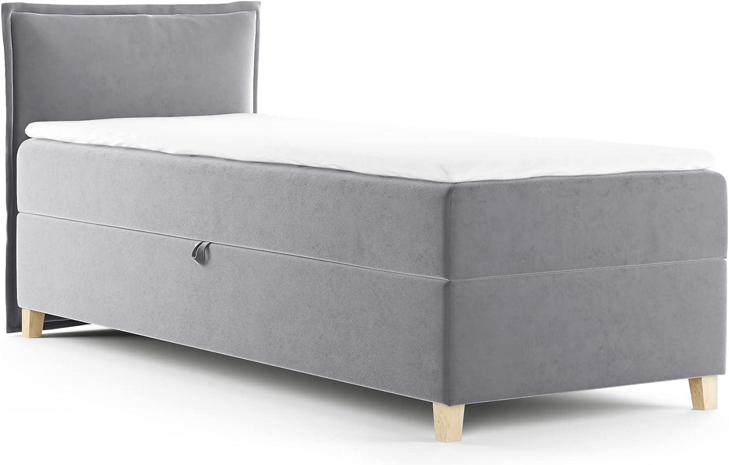 Boxspringbett Fren Mini mit Bettkasten - Einzelbett mit Bonell-Matratze und Topper, Polsterbett mit Holzfüße, Bett, Kinderzimmer (Grau (Paros 05), 100x200 cm) Bild 1