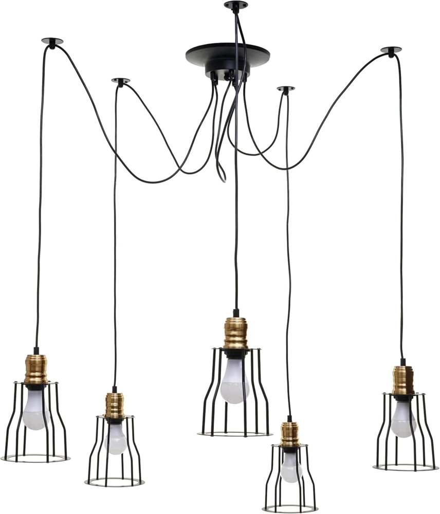 Pendelleuchte HWC-H81, Hängeleuchte Hängelampe, Industrial Metall höhenverstellbar schwarz ~ 5x Käfiglampenschirm Bild 1