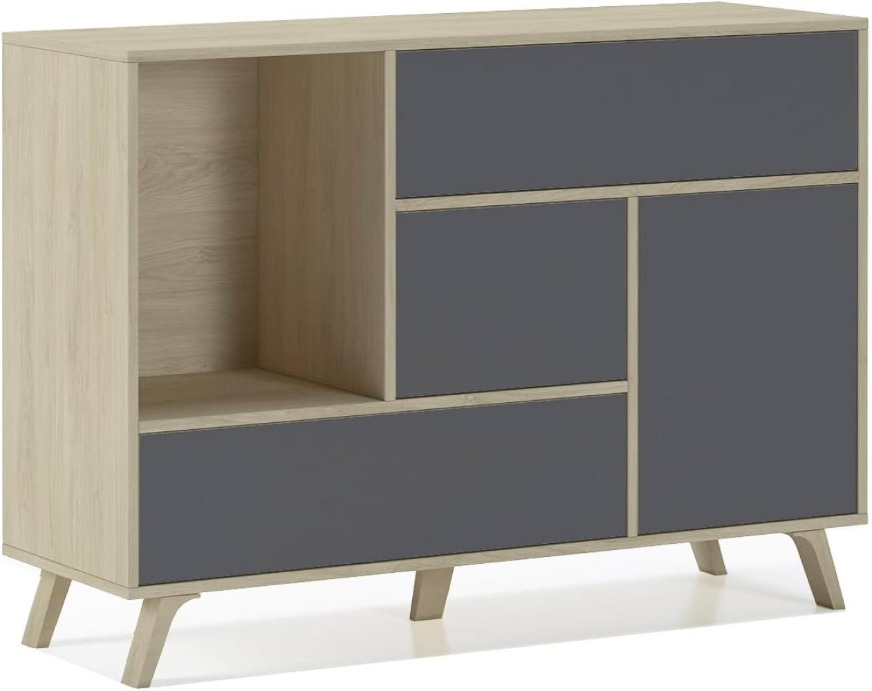 Skraut Home – Sideboard für Wohn- oder Esszimmer – 86 x 120 x 40 cm – Buffet mit 1 Tür + 3 Schubladen – Windmodell – Widerstandsfähiges Holz – Eiche/Grau-Finish Bild 1