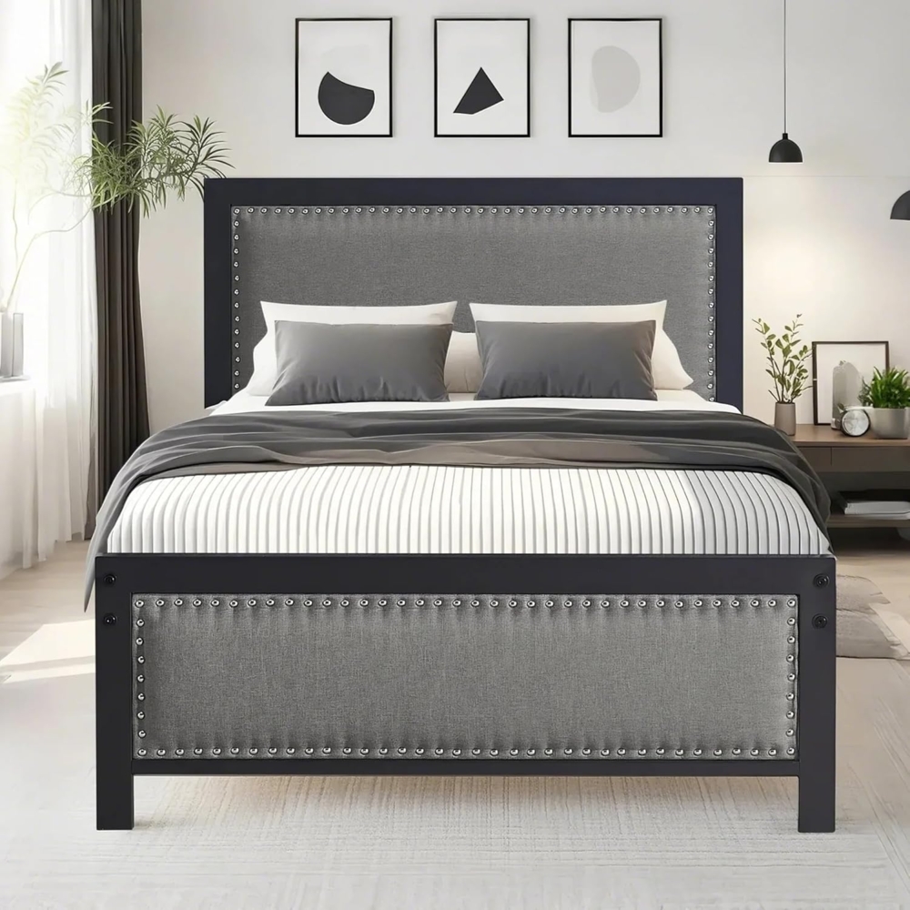 VECELO Bettgestell 90x200 cm, Metallbett Doppelbett mit Gepolstertem Kopf- und Fußteil, Bettrahmen mit Lattenrost, 32cm Höhe unter dem Bett, Kein Boxspring Erforderlich, Grau Bild 1