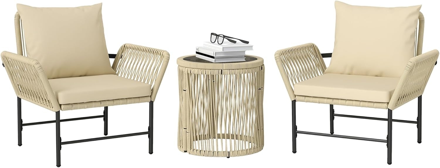 Outsunny Sitzgruppe mit 2 Stühle, Beistelltisch, Sitzkissen, (Outdoor Balkonmöbel für 2 Personen, 3-tlg, Polyrattan Gartenmöbel Set), für Garten, Balkon, Khaki+Beige Bild 1