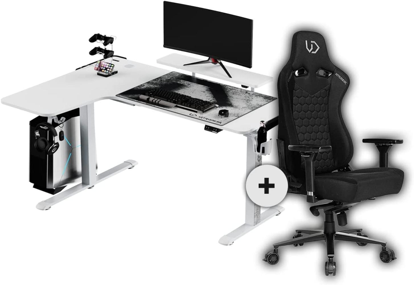 ULTRADESK Winger RGB LED 155x111x60 cm Links + Throne Gaming Stuhl | Schreibtisch Gamer Tisch L Form | L-förmiger Ecktisch Eckschreibtisch | Höhenverstellbarer Computertisch elektrisch | Weiß Bild 1