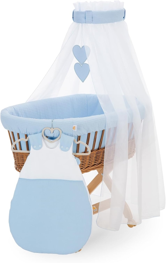 FabiMax Stubenwagen Natur, 2 in 1 Musselin / Waffelpiqué Komplettset Blau mit Schlafsack Bild 1