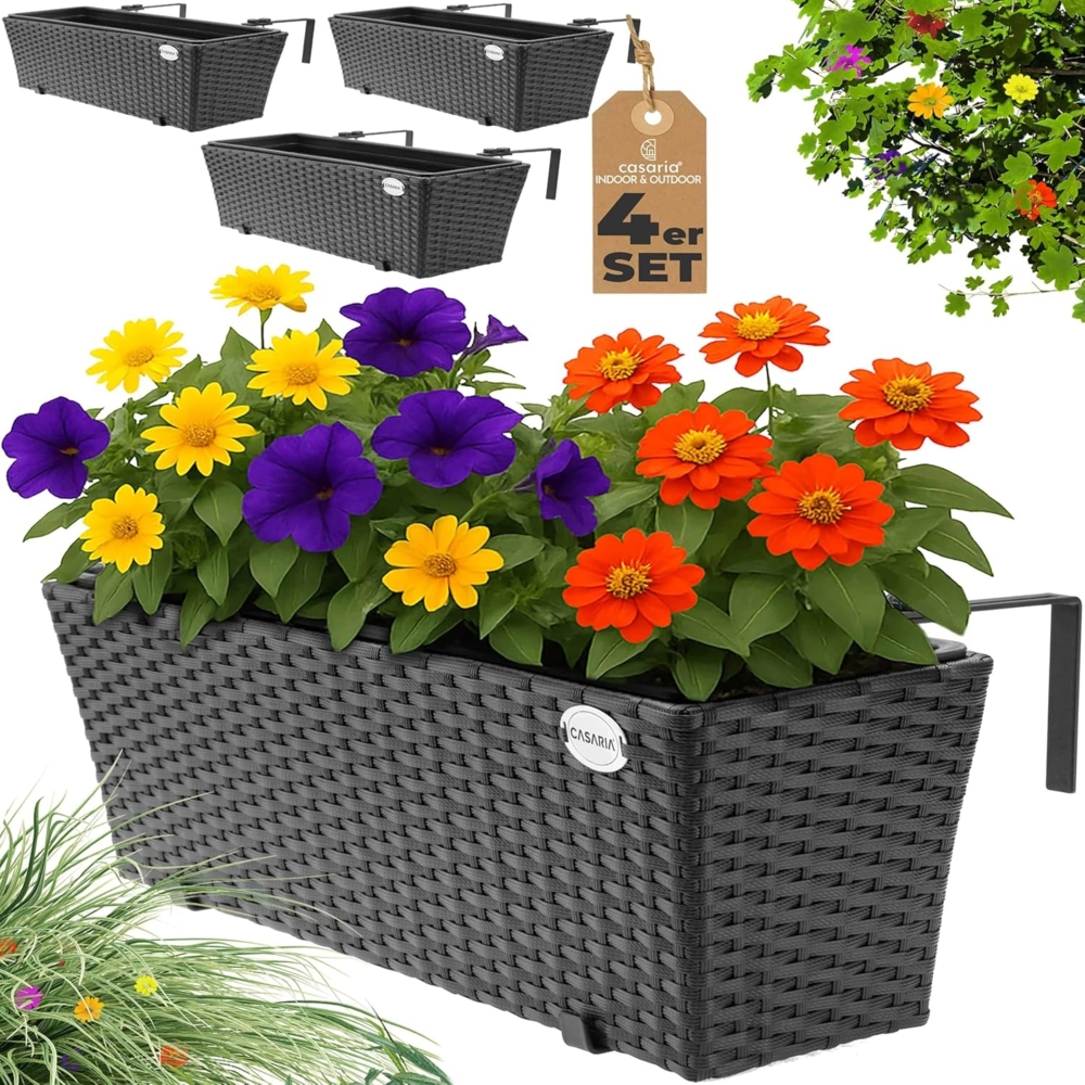 Casaria Blumenkasten, 4er Set 11 Liter Montagehalterung Indoor Outdoor Geländerkasten Bild 1